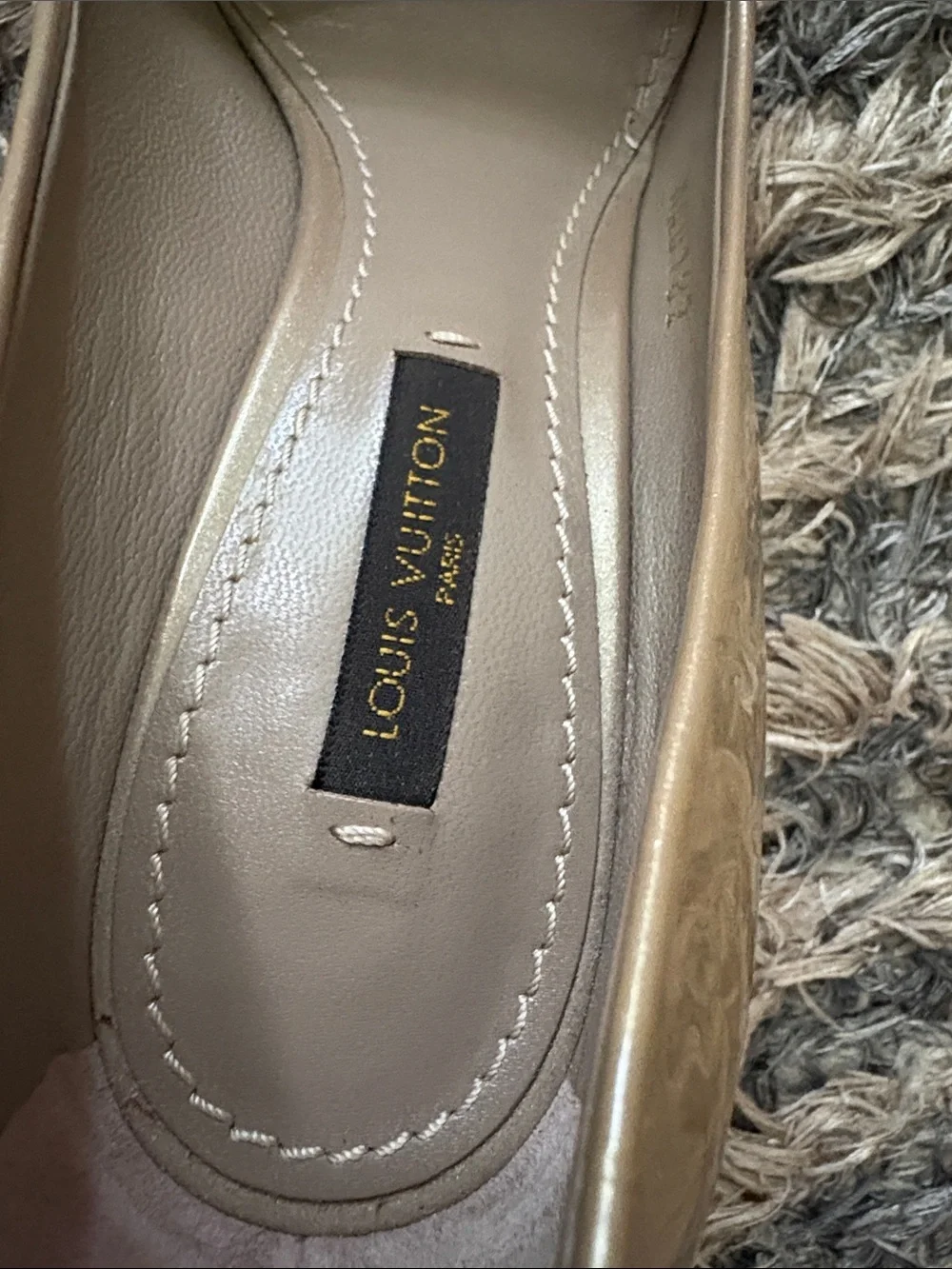 Louis Vuitton Beige Patent Leather Pointed Toe Pumps with Gold Cap Detail 35.5